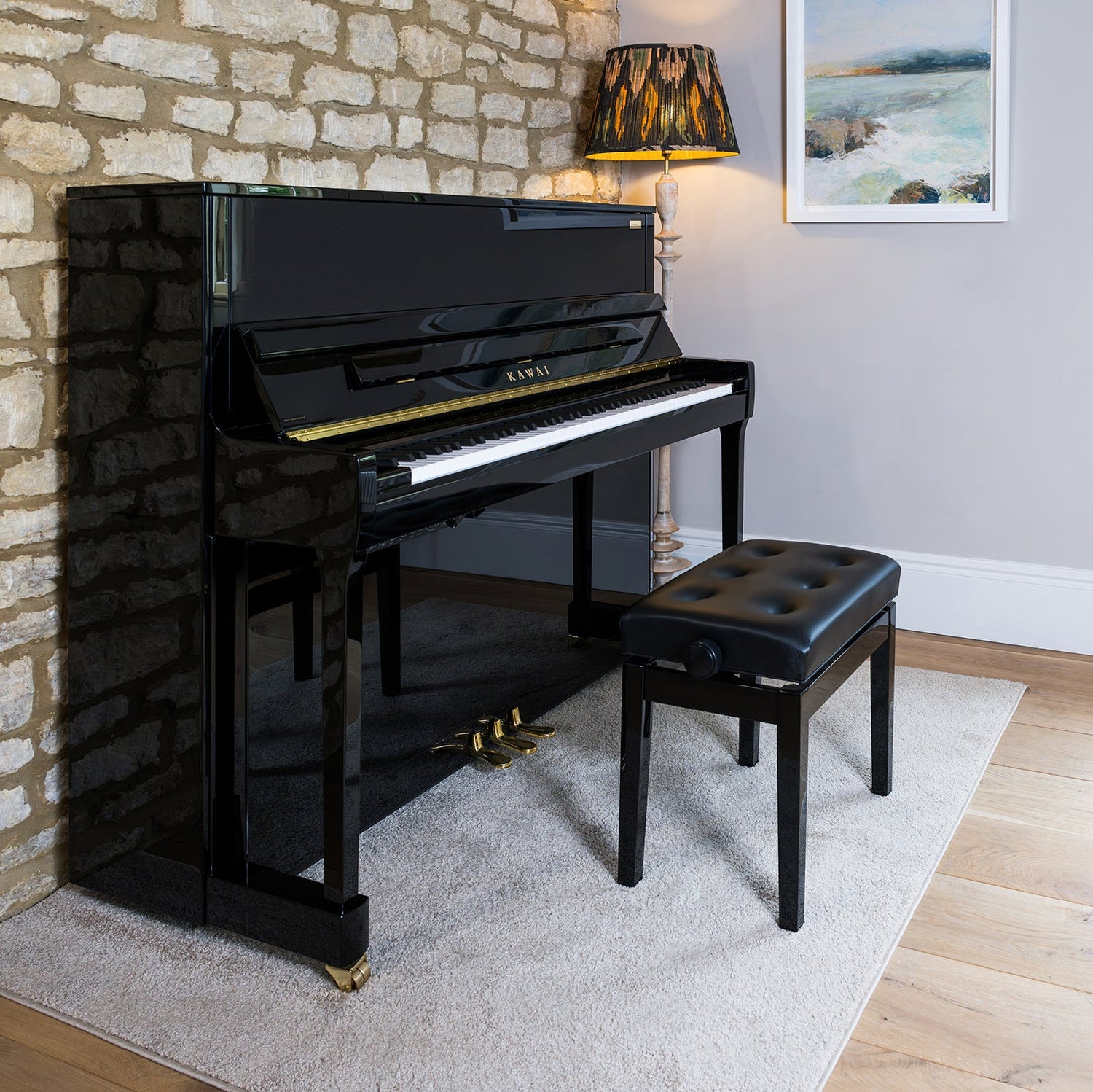 Kawai upright piano in a living room